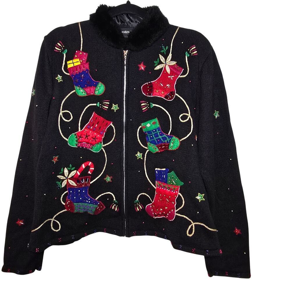 Hampshire‎ Studio Vintage Holiday Sweater Zip Front Faux Fur Womens Size Large